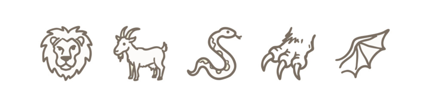 Hand-drawn mythical creature icons: lion, goat, snake, claw, wing