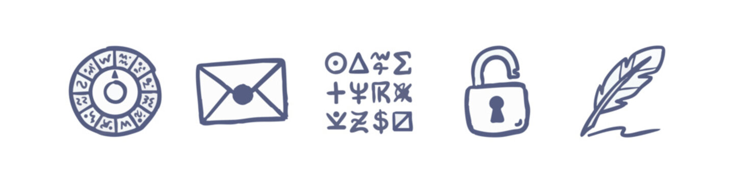 Mystery and Secret Icons: Astrological Wheel, Envelope, Runes, Lock, Feather Pen