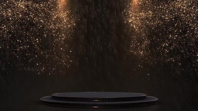 Elegant dance stage golden spotlight circular platform, backdrop soft luxury for ceremony light spotlight shimmering particles copy space award ceremony, jubilee, New Year party product presentations