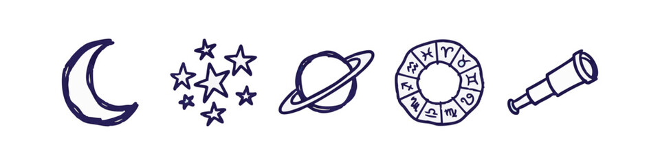 Astronomy and astrology icons: moon, stars, planet, zodiac © liubomir118809