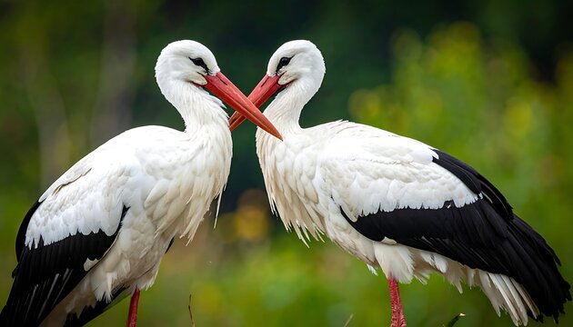 Two white storks with orange beaks touching