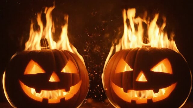 Two carved halloween pumpkins with glowing faces and flames pumpkin jack-o-lantern face