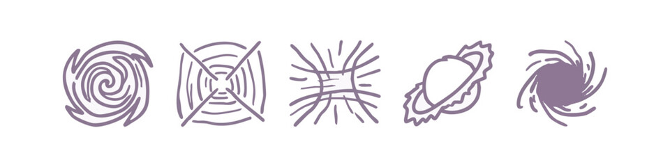 Cosmos and Space Abstract Purple Doodle Icons Set Featuring Galaxy Planet and Energy Burst © liubomir118809