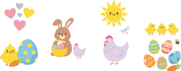 Cute Easter cartoon set with bunny chicks eggs chicken sun and spring elements vector illustration © Yevhenii creative