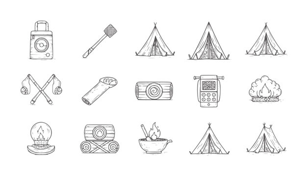 Hand drawn camping including tents lanterns and campfire