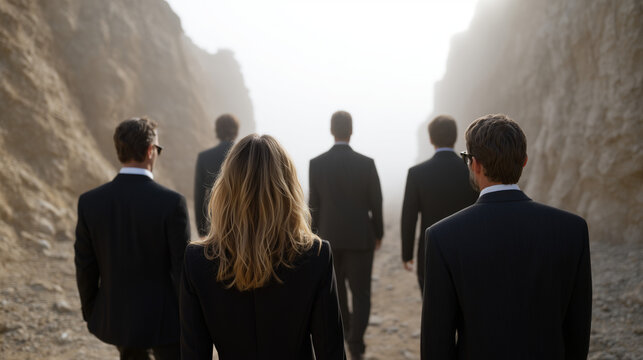 Business group walking in rock cave: A determined team of business professional, elegantly attired, strides purposefully towards the radiant light emanating from the end of a rocky gorge.