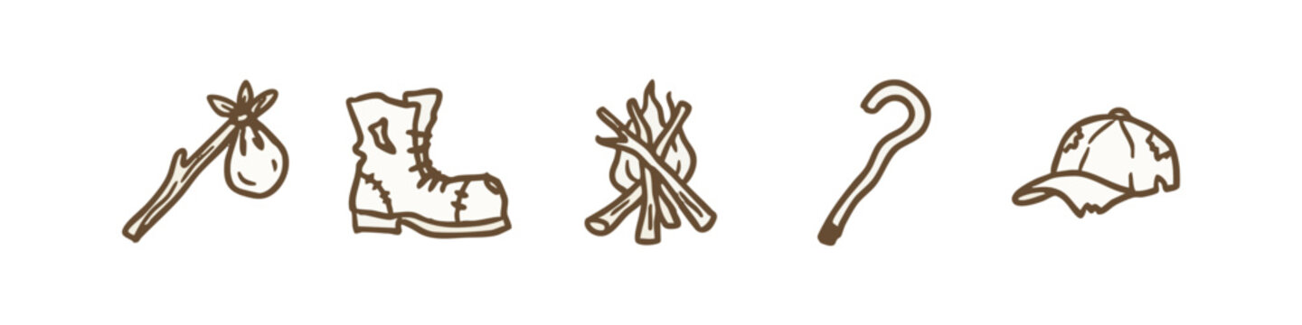 Hiking and Wanderer Travel Icons with Old Boot and Campfire