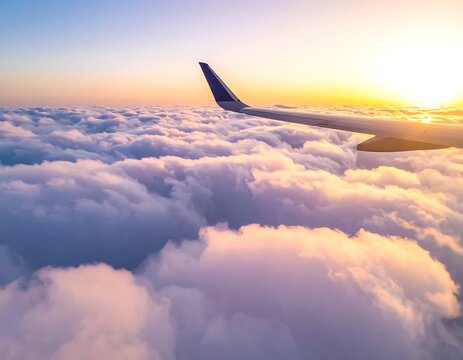 Aerial view of an airplane wing above fluffy white clouds at sunrise