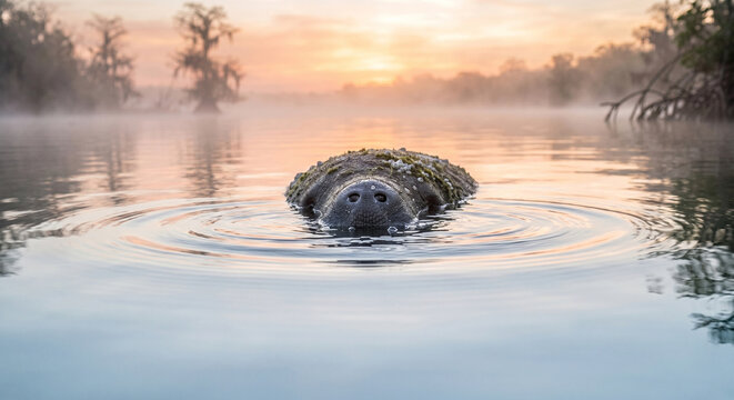 A low-angle photograph taken at water-level in a misty river at sunrise. A manatee&rsquo;s nostrils are just breaking the surface to take a breath, creating gentle, concentric ripples 