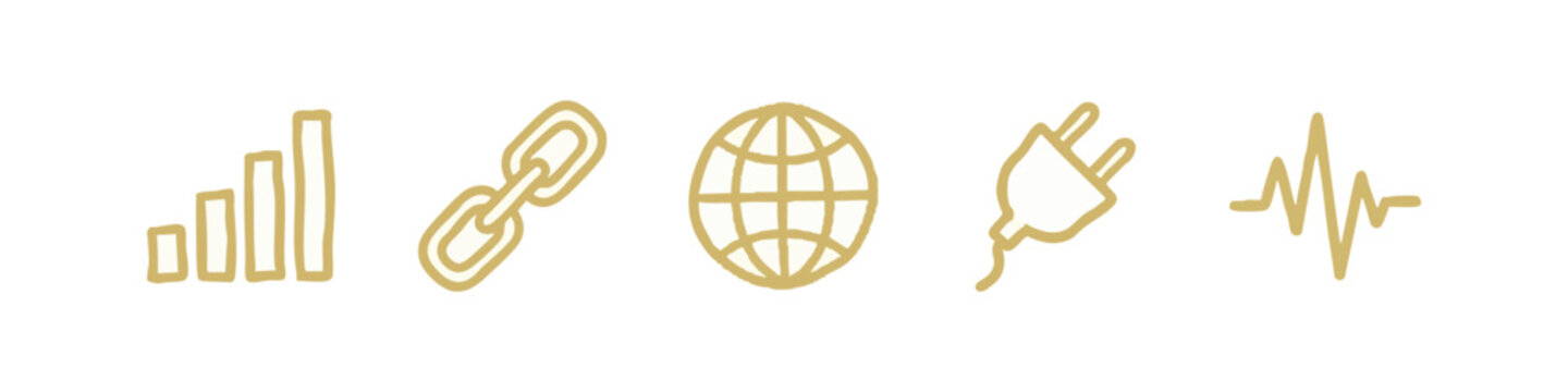 Set of gold hand drawn technology and communication icons including globe, signal, and power plug