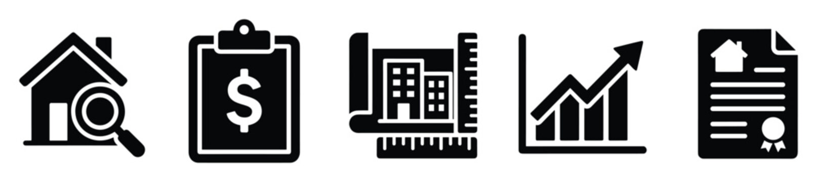 Real estate investment and property management icons for market analysis and financial documentation