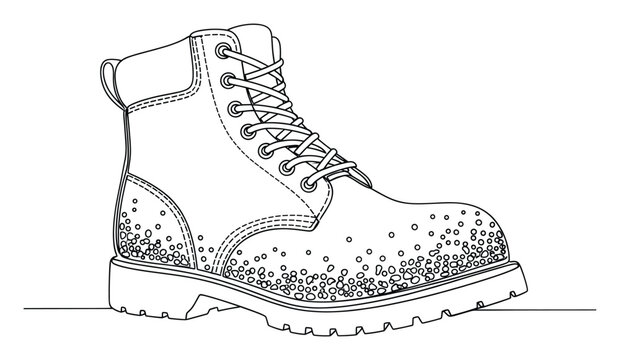 Detailed line drawing of a robust laceup boot with textured elements and sturdy sole, ideal for showcasing durable footwear and adventurous spirit