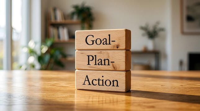 Three wooden blocks stacked on a table, each engraved with 'Goal', 'Plan', and 'Action', representing a strategic process.