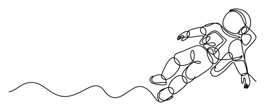 Minimalist continuous line drawing of an astronaut floating in space, suitable for modern science and technology presentations