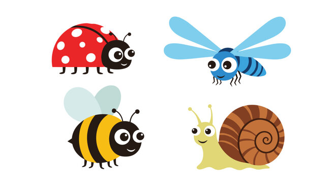 Collection of four cute cartoon garden creatures including a ladybug, dragonfly, bee, and snail with friendly smiles on a white background.
