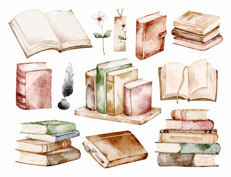 Watercolor Illustration Set of Old Books 