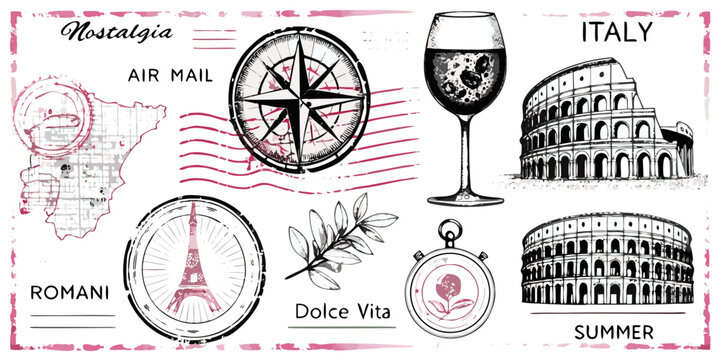 Italian travel themed postcard with landmarks and vintage elements