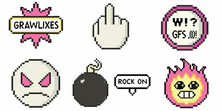Pixelated images featuring various symbols expressions and text elements
