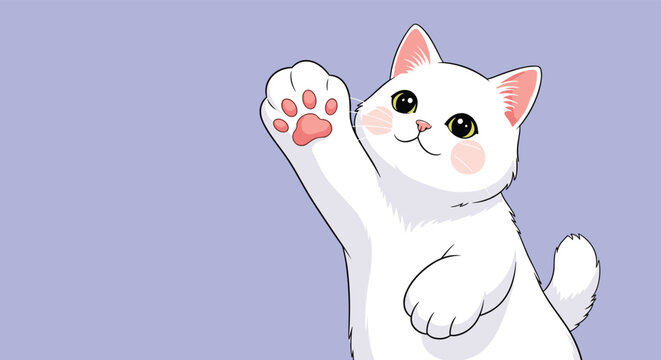 Cute white kitten with pink ears and large eyes raising its paw as if waving on a soft lavender background, perfect for cat lovers.