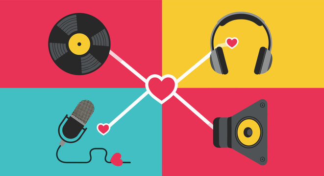 Creative music concept featuring a vinyl record, headphones, microphone, and speaker connected by lines to a central heart on a colorful background.