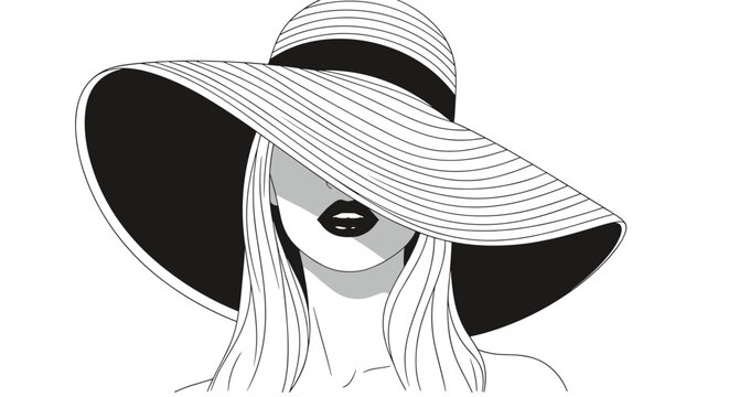 Minimalist black and white line art of a woman wearing a large floppy hat that partially covers her face, showing only her dark lips.