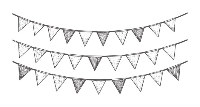 Hand drawn sketchy triangular bunting flags in dark grey and white triangle string