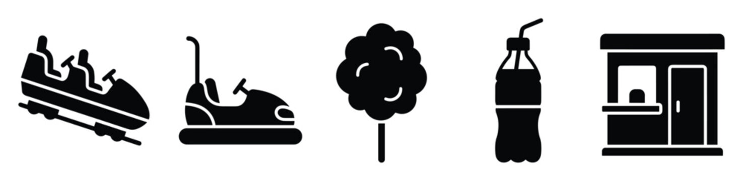 Amusement park icons roller coaster, bumper car, cotton candy, soda, and ticket booth for fun designs