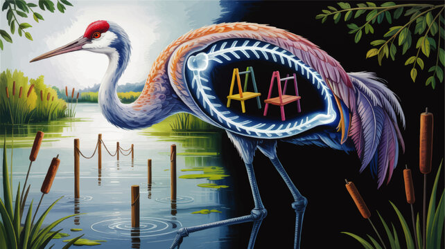 Surreal crane anatomy illustration with wetland landscape, skeletal cutaway and colorful chairs inside bird body