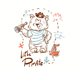 Obraz premium Bear pirate with ship and treasure map 