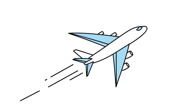 Commercial passenger airplane flying upwards at an angle with blue wings and a white fuselage against white background.