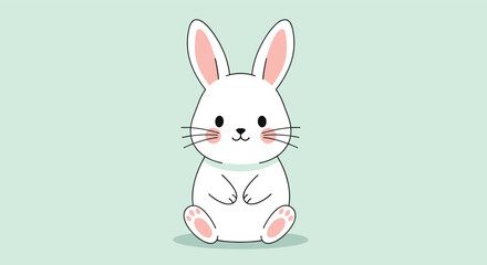 Obraz premium Adorable white rabbit with long ears and pink cheeks sits quietly on a light green background in a simple and clean style.