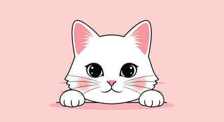 Fototapeta premium Adorable white kitten with large black eyes and pink ears is peeking over a line against a soft pink background in a simple flat style.