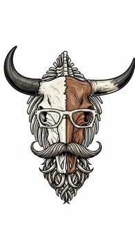 Artistic Bull Skull with Glasses and Mustache, Western Boho Style, Tribal Design, Unique Emblem, Vector Illustration
