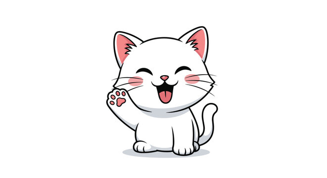 Friendly white kitten with a happy smiling face is sitting down and waving its paw while sticking its tongue out on a white background.