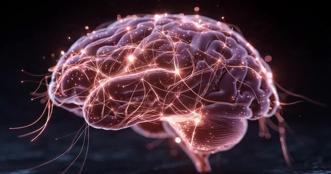 Medical illustration of a human brain with glowing neural networks. A glowing digital brain illustration displayed on a video thumbnail, symbolizing artificial intelligence, neural networks