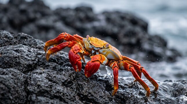 Vibrant red and yellow Sally Lightfoot crab on dark volcanic rocks by the ocean shore.