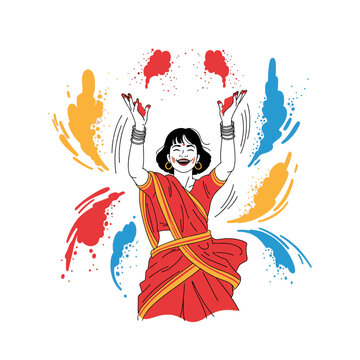 Indian woman celebrating Holi, throwing colorful gulal powder in the air. Joyful festival illustration.