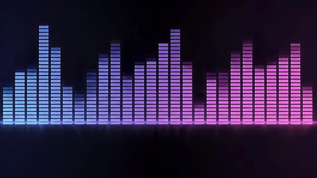 A vibrant, abstract graphic displays a dynamic equalizer visualization with a gradient of purple and blue hues against a dark background.