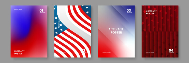 Obraz premium A collection of four patriotic posters using abstract interpretations of the American flag with stars and stripes in red white and blue