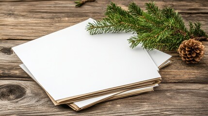 Fototapeta premium Blank Christmas Cards Stacked on a Rustic Wooden Table with a Green Pine Branch and Natural Lighting