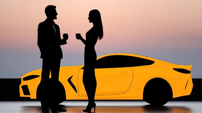 Elegant silhouette beside the luxury vehicle: Silhouette of a stylish man and woman alongside a sleek, yellow vehicle, poised with glasses, against the backdrop of an elegant sunset.