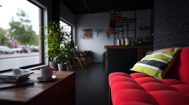 Cozy Cafe Corner: A serene cafe corner bathed in soft light, offering a tranquil space for relaxation with comfortable seating and the allure of a good cup of coffee.