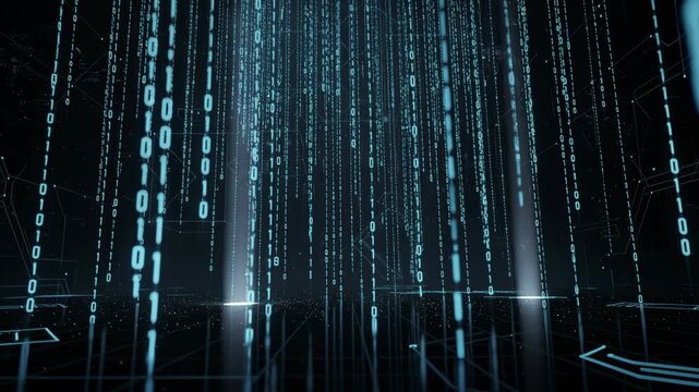 Futuristic digital world with cascading blue binary code streams illuminating technology concept