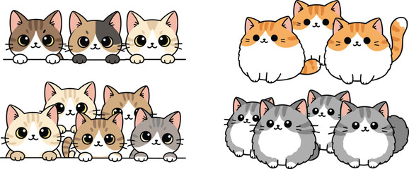 Cute fluffy kittens cartoon set with different cat breeds peeking and sitting vector illustration © Yevhenii creative
