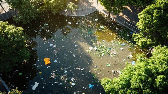 Aerial view of a polluted urban park pond filled with floating trash and debris under bright sunlight
