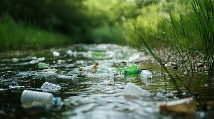 Fototapeta premium Discarded Plastic Containers Float Through Polluted River Water with Green Reeds and Vegetation