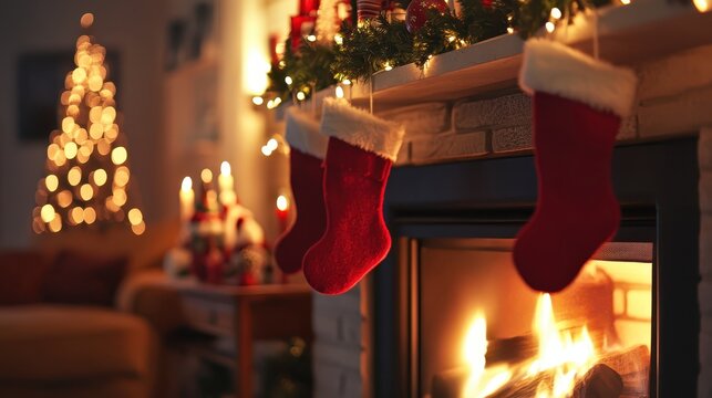 Cozy Christmas fireplace scene with red stockings and a festive wreath, illuminated by warm firelight and twinkling fairy lights