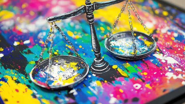 Artistic Scales of Justice Weighing Colorful Abstract Concepts on a Vibrant Painted Background