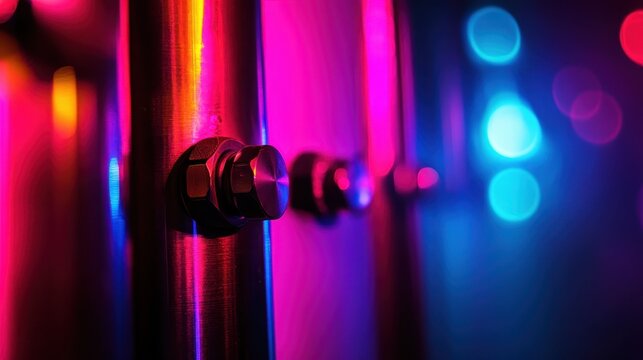 Close-up of industrial machine hardware illuminated by vibrant neon lights, showcasing technological advancement and automation