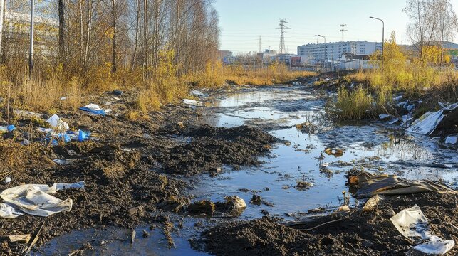 Contaminated Land and Polluted Waterway Amidst Urban Development and Autumn Trees